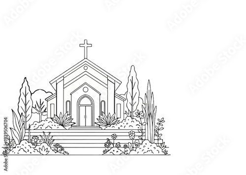 Stylized line drawing of a church with a cross, surrounded by trees and plants
