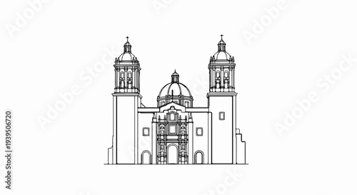 Ornate church with central dome and twin bell towers, detailed facade