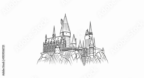 Detailed sketch of a large, multi-towered castle perched on a rocky cliff