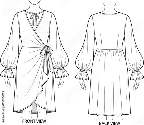 Fashion Technical Illustration Vector Featuring Dress Design with V-Neckline, Bishop Sleeves, Wrap Bodice, Asymmetrical Hemline, and Marketplace Success for Creative Projects