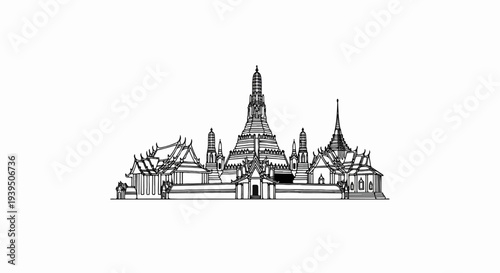 Detailed line drawing of a majestic temple complex with ornate spires and roofs