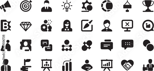 Containing marketing, product, brand value, design, logo, brand development, social media, advertising and loyal customers silhouette icon set