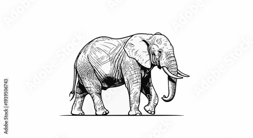 Detailed line drawing of an elephant walking, in black and white