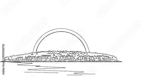Minimalist sketch of a lush island with a semi-circle sun over calm water