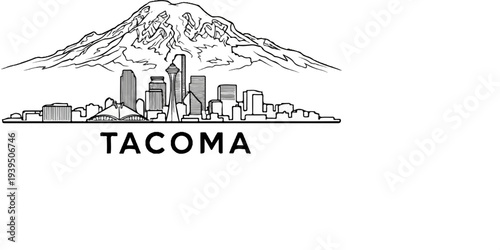 Stylized mountain and city skyline illustration with the word "TACOMA" below