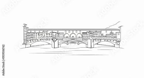 Stylized sketch of a historic bridge lined with shops and archways over a river