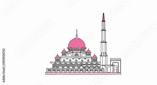 Stylized pink domes and a tall minaret adorn a grand mosque