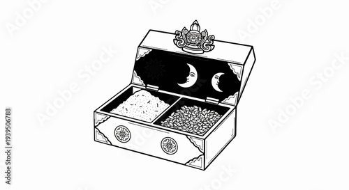 Ornate treasure chest with moon and sun motifs, holding two compartments of grains