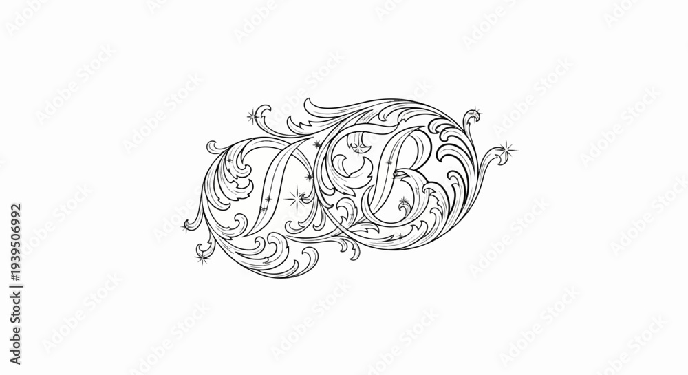 Fototapeta premium Ornate, intertwined monogram with stylized floral flourishes and small star accents