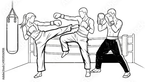 Three figures in a boxing ring practice martial arts moves with a punching bag