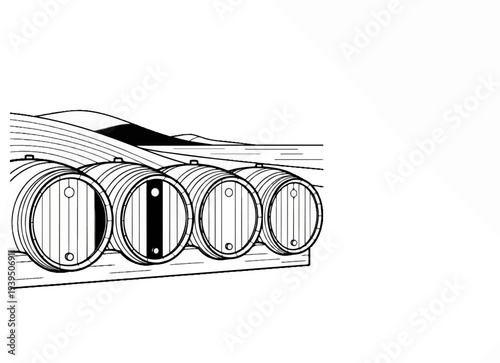 Row of wooden barrels lined up in front of rolling hills