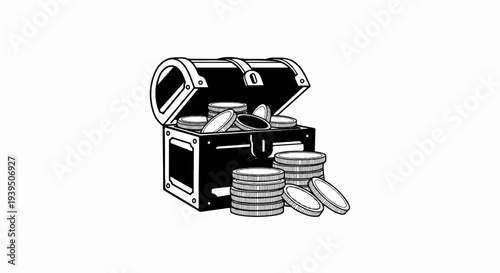 Open treasure chest overflowing with stacks and loose coins