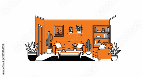 Orange living room with mid-century modern furniture, potted plants, and bookshelf