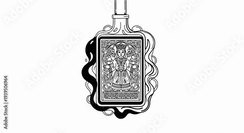 Ornate bottle with detailed inner portrait and swirling liquid