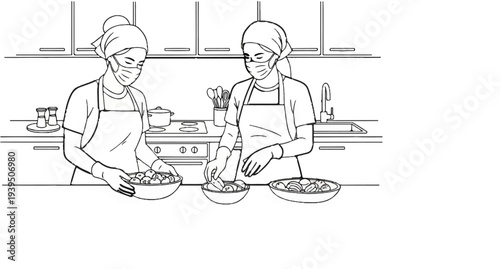 Two individuals in protective masks preparing food in a kitchen setting