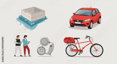 Collection of vehicles, construction, and people on a light background
