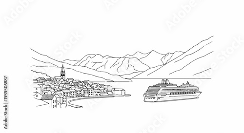 Scenic coastal town with a towering church steeple and a large cruise ship at sea