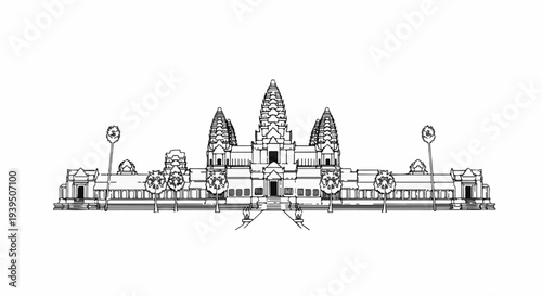 Ornate temple complex with five towers, flanked by trees and symmetrical structures