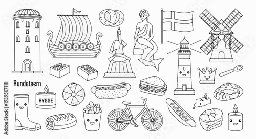 Whimsical collection of Danish landmarks, food, and playful objects