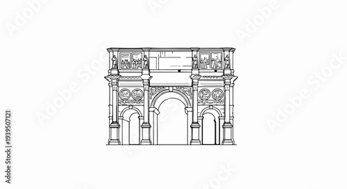 Ornate triumphal arch with detailed sculptures and arched passageways