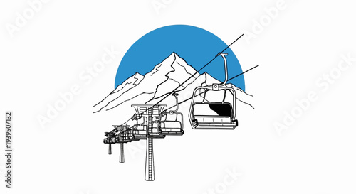 Ski lift transports people up a snow-capped mountain under a blue sky