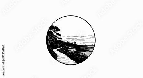 Winding path curves through trees toward a sunlit seascape in a circular frame