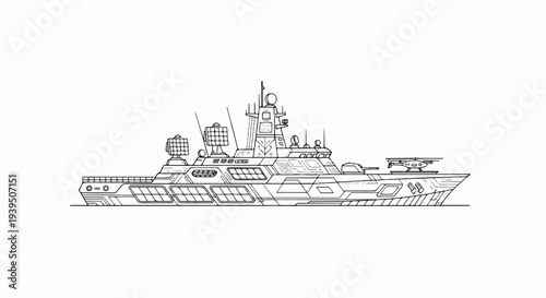 Outline drawing of a modern warship with a helicopter on the deck