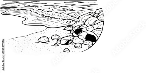 Black and white sketch of a sandy beach with rocks and waves