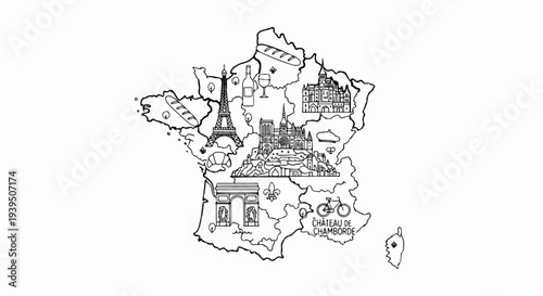 Outline map of France with iconic landmarks and symbols