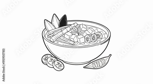 Black and white line art of a bowl of soup with tofu, herbs, and sliced vegetables