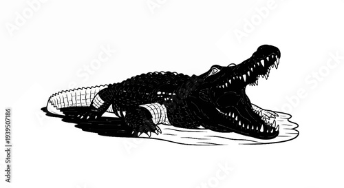 Black and white illustration of an alligator with its mouth wide open