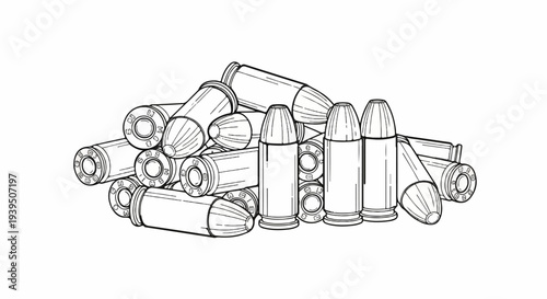 Black and white illustration of a pile of ammunition cartridges