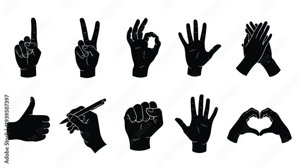 Fototapeta premium Hand gestures set flat design vector illustration - Flat Design Icon. line icon set - Icon vector - Blue icon vector. Clipart. Icon collection - Line and glyph solid icon and logo template