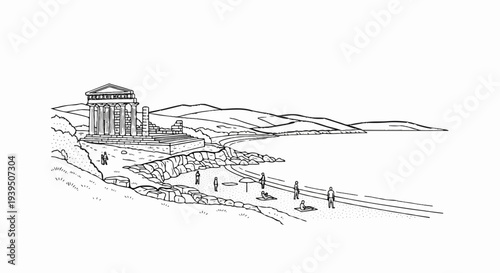 Ancient ruins overlook a serene coastline with people enjoying the beach