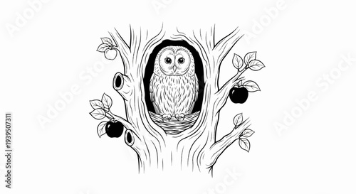 An owl sits in a nest within a hollow tree with apples on branches