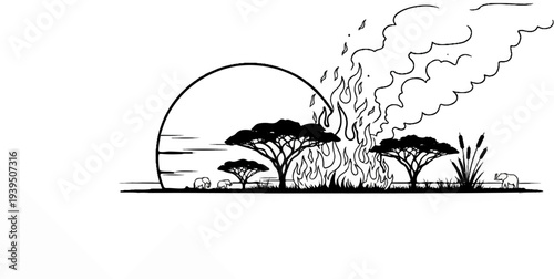Silhouetted savanna trees and elephants face a raging wildfire under a setting sun