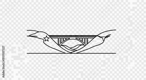 Simple line drawing of a bridge spanning across rolling hills and a star emblem