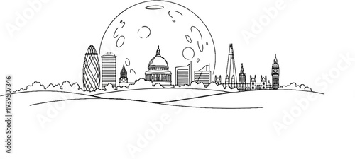 Sketch of a city skyline at night under a large moon