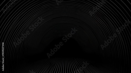Curved tunnel rendered in stark black and white minimalist architectural form creates visual depth
