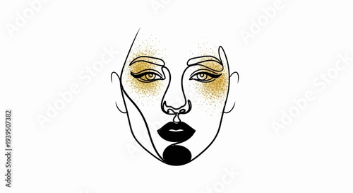 Abstract minimalist face with gold glitter eyeshadow and bold lips