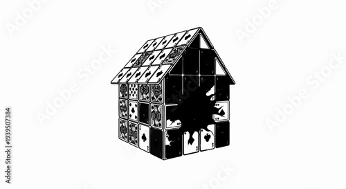 Abstract house constructed from playing cards, some obscured
