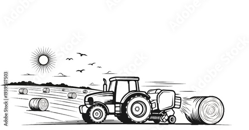 A tractor presses hay bales in a field under a bright sun with birds flying