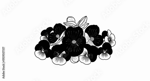 A stylized black and white illustration of a cluster of pansy flowers