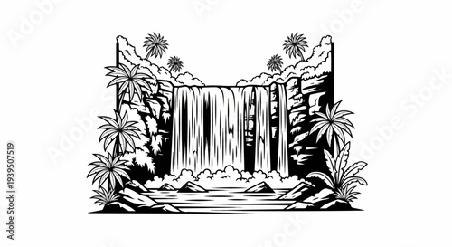 A striking black and white illustration of a cascading waterfall surrounded by lush tropical foliage
