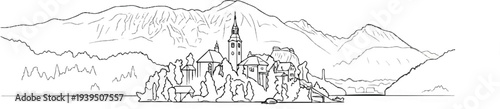 A sketched panorama of a mountainous landscape with a village