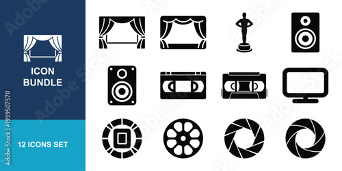 A set of twelve black media and entertainment icons features stage curtains, a film reel, speakers, and a camera aperture symbol.