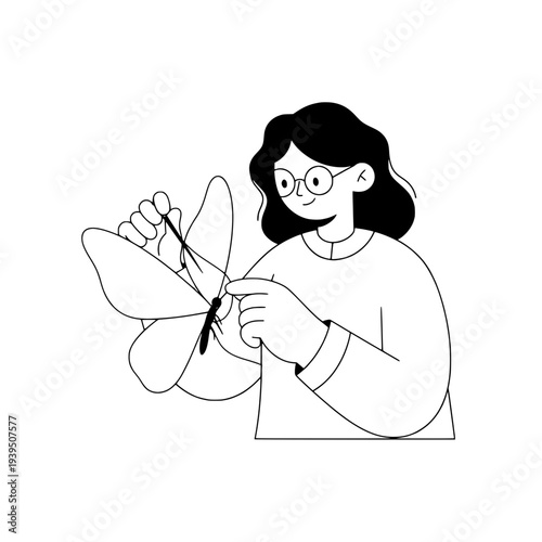Flat Line Art Surgeon Operating on Butterfly Illustration or Minimalist Black and White Line Art Entomologist Illustration