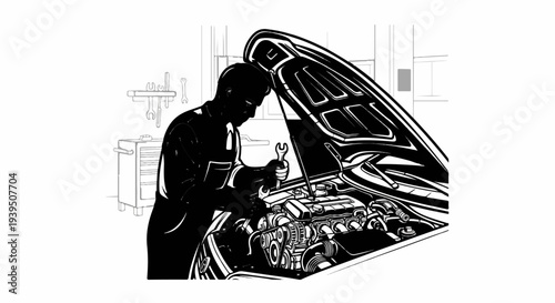 A mechanic works on a car engine with tools and equipment nearby