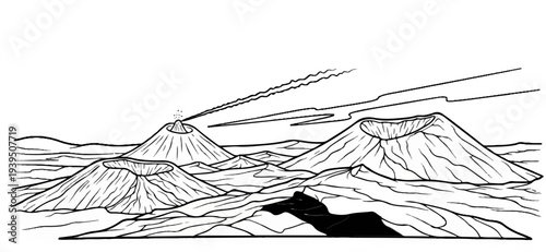 A graphic depicts an active volcano spewing smoke with other dormant cones nearby