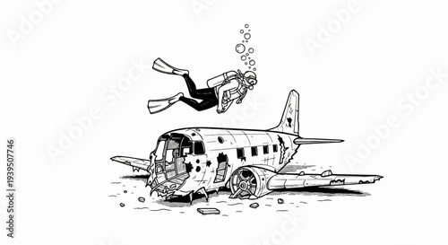 A diver explores a wrecked airplane on the ocean floor